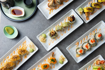 various sushi roll flat lay shot