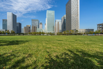 Obraz premium cityscape and skyline of shanghai from meadow in park.