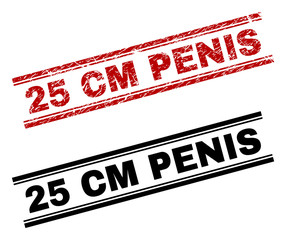 25 CM PENIS stamp seal print with red corroded and clean black version. Red vector rubber print of 25 CM PENIS text with corroded effect. Labels are placed between double parallel lines.