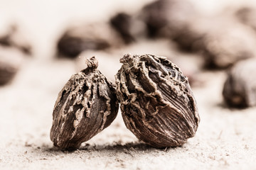 Whole black cardamom on wooden background