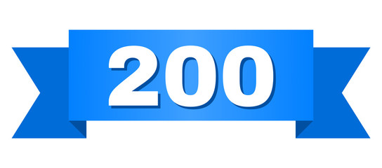 200 text on a ribbon. Designed with white caption and blue stripe. Vector banner with 200 tag.