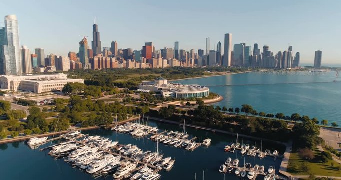 Aerial view of Chicago Downtown skyline and harbor full of yachts and boats