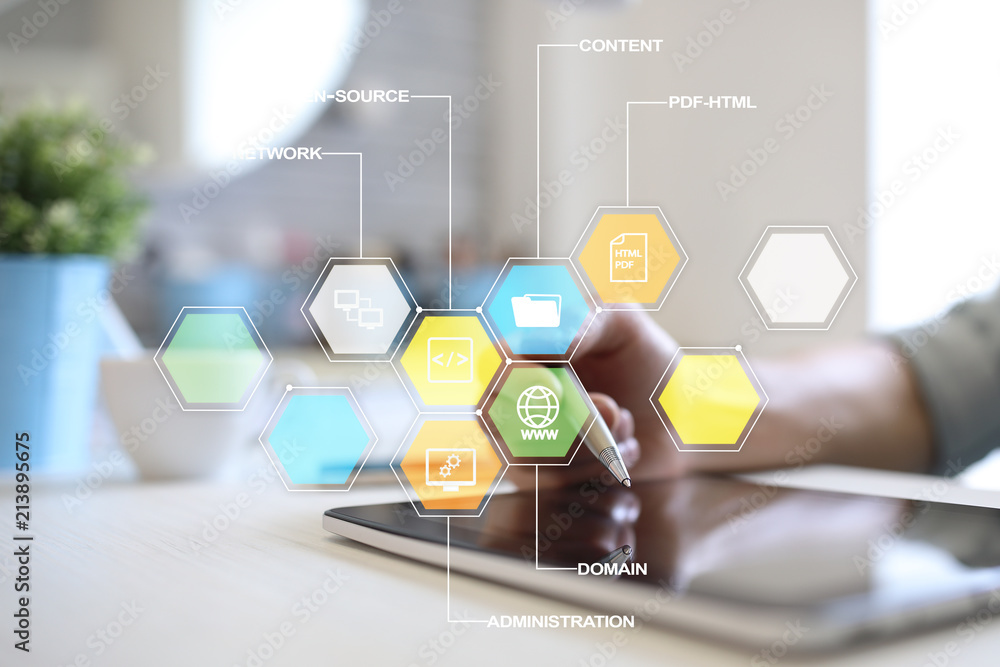 Poster cms. content management system applications icons on virtual screen. business, internet and technolo