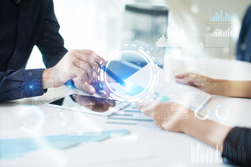 Internet, Business and technology concept. Icons, diagrams and graphs background on virtual screen.