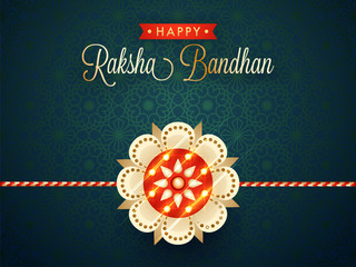 Seamless pattern greeting card design with paper cut illustration of rakhi decorated by marquee lights.