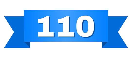 110 text on a ribbon. Designed with white title and blue stripe. Vector banner with 110 tag.
