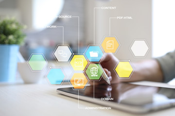 CMS. Content management system applications icons on virtual screen. Business, internet and...