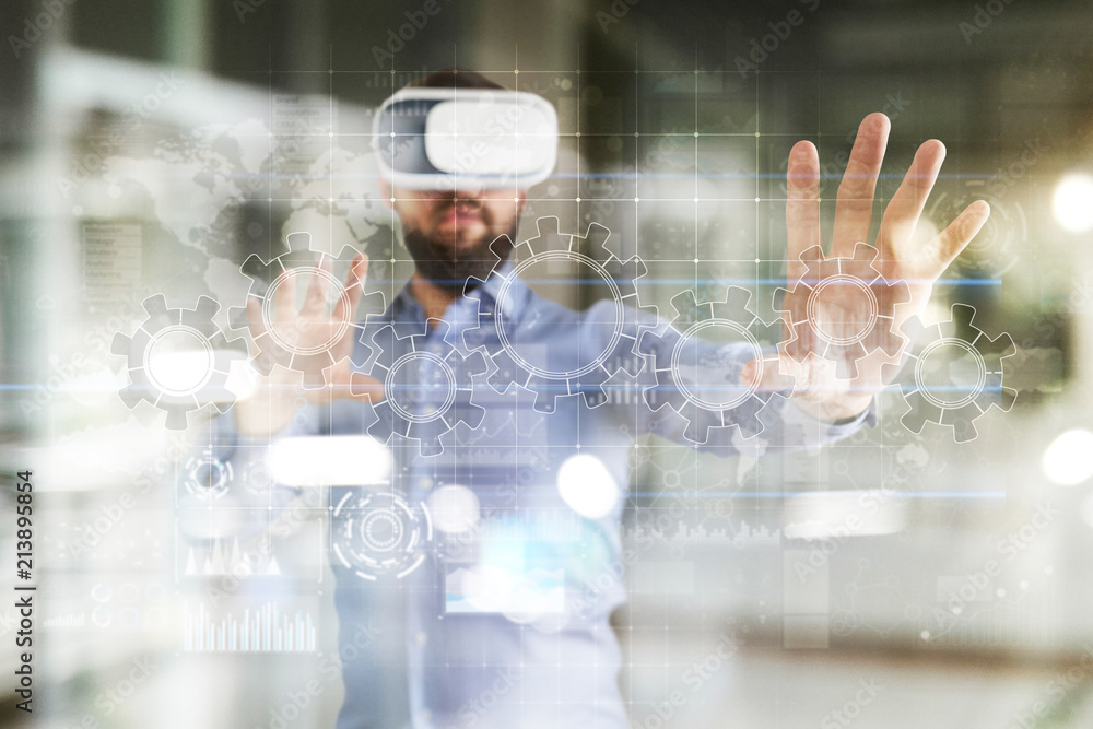 Poster gears on virtual screen. business strategy and technology concept. automation process.