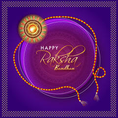 Stylish text Happy Raksha Bandhan on ornamental frame decorated with rakhi.