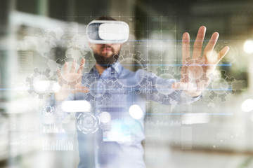 Gears on virtual screen. Business strategy and technology concept. Automation process.