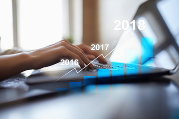 2018 year profit growth chart, Business, finance and investment concept on virtual screen. Goals...