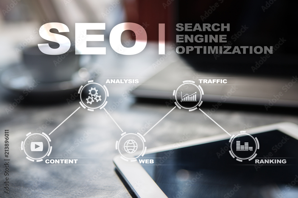 Poster seo. search engine optimization. digital online marketing andinetrmet technology concept.?