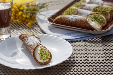 Canoli, typical sicilian dessert, arranged in a plate
