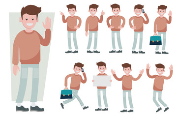 Set of men character vector design. Presentation in various action with emotions, running, standing, walking and working