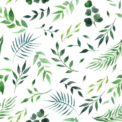 green leaves watercolor seamless pattern vector