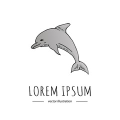 Hand drawn doodle Dolphin icon isolated on white background. Vector illustration, Marine activity related icon - jumping mammal. Sketchy element. Cartoon wild fish Scales Spike fin Tale