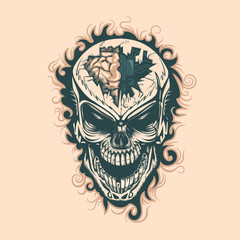 Vintage skull with electronics in mind, monochrome hand drawn tatoo style