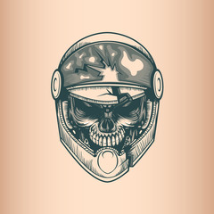 Vintage Racer skull, monochrome hand drawn tatoo style