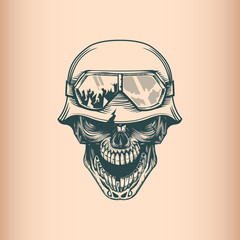 Vintage skull soldier in helm, monochrome hand drawn tatoo style