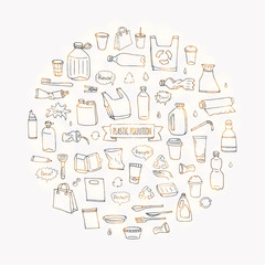 Hand drawn doodle Stop plastic pollution icons set Vector illustration sketchy symbols collection Cartoon concept elements Bag Bottle Recycle sign Package Disposal waste Contamination disposable dish