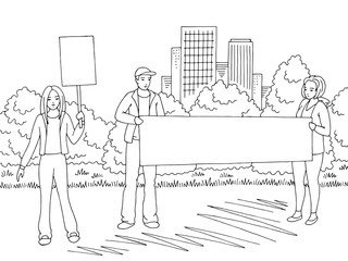 Demonstration graphic black white city street road landscape sketch illustration vector. People are standing