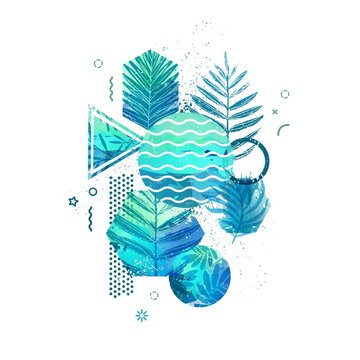 Template geometric design for summer season sales. Abstract background with watercolor texture and tropical leaf. Modern banner with decor  exotic plants and wave for party and advertisement. Vector.