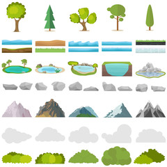 Trees, stones, lakes, mountains, shrubs. A set of realistic elements of nature.