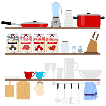 Cookware placed on shelves. A large set of kitchen items.