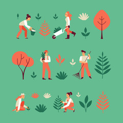 Vector set of illustrations in trendy flat linear style for infographic - gardening concept