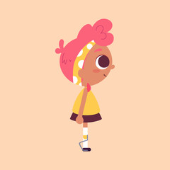Vector illustration of a cute girl, character design. Dark skin beauty with pink hair. Cartoon art.  Alternatively able.  Children with special needs.  Prosthetic appliance