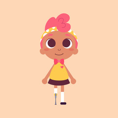 Vector illustration of a cute girl, character design. Dark skin beauty with pink hair. Cartoon art.  Alternatively able.  Children with special needs.  Prosthetic appliance