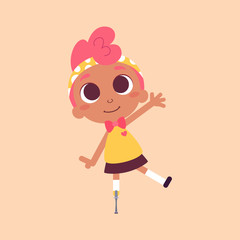 Vector illustration of a cute girl, character design. Dark skin beauty with pink hair. Cartoon art.  Alternatively able.  Children with special needs.  Prosthetic appliance
