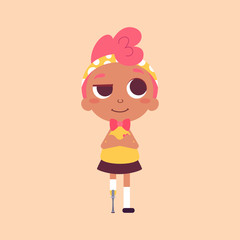 Vector illustration of a cute girl, character design. Dark skin beauty with pink hair. Cartoon art.  Alternatively able.  Children with special needs.  Prosthetic appliance