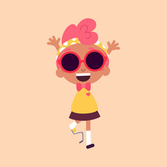 Vector illustration of a cute girl, character design. Dark skin beauty with pink hair. Cartoon art.  Alternatively able.  Children with special needs.  Prosthetic appliance