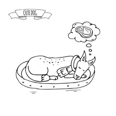 Hand drawn doodle set of cute sleeping dog icon Vector illustration set. Cartoon normal everyday home pets activity symbol Sketchy laying puppy on a dog's soft bed dreaming about meat, steak