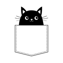 Black cat in the pocket. Moustaches. Cute cartoon animals. Kitten kitty character. Dash line. Pet animal collection. White and black color. T-shirt design. Baby background. Isolated. Flat