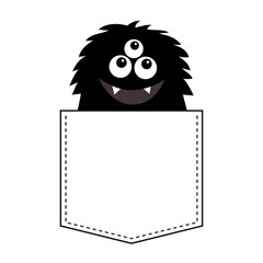 Fluffy black monster silhouette in the pocket. Hands up. Cute cartoon scary funny character. Baby collection. T-shirt design. Eyes, fang tooth. White background. Happy Halloween. Flat design.