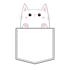 Sad cat in the pocket. Paw print hand. Doodle linear sketch. Pink cheeks. Cute cartoon pet animals. Kitten kitty character. T-shirt design. Dash line. White black color. Baby background. Flat