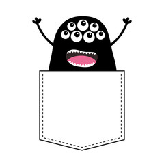Black screaming monster silhouette in the pocket. Hands up. Cute cartoon scary funny character. Baby collection. T-shirt design. Eyes, fang tooth. White background. Happy Halloween. Flat design.