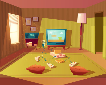 Vector cartoon illustration of empty playroom for children with game console, tv screen and joysticks. Kids room for leisure and fun, interior with furniture, green carpet, walls, floor lamp