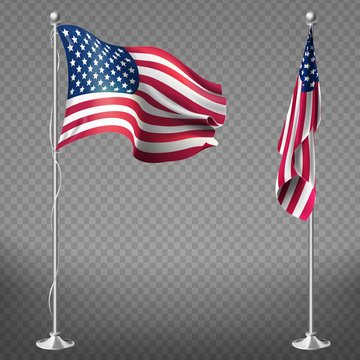 Vector 3d realistic flags of United States of America on steel poles isolated on transparent background. National symbol of USA, silk waving banner with red and white stripes, with stars on blue color