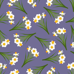 White Daffodil - Narcissus Seamless on Purple Background