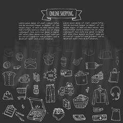 Hand drawn doodle set of Online shopping icons. Vector illustration set. Cartoon buying symbols. Sketchy elements collection: laptop, sale, food, grocery, clothing, cart, wallet, credit card, tag, bag