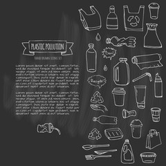 Hand drawn doodle Stop plastic pollution icons set Vector illustration sketchy symbols collection Cartoon concept elements Bag Bottle Recycle sign Package Disposal waste Contamination disposable dish