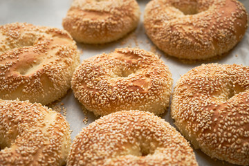 Freshly baked rolls on baking paper