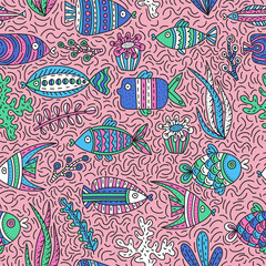 Naklejka premium Seamless pattern with cute fishes and seaweeds