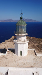 Fototapeta na wymiar Aerial photo of old abandoned lighthouse with view to Aegean deep blue sea