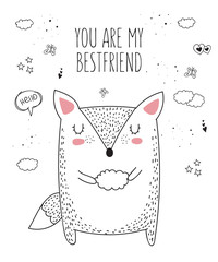 Vector line drawing fox with slogan about friend. Doodle illustration