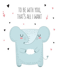 Vector line drawing elephant with slogan about friendship. Doodle illustration