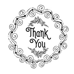 Cute rustic wreath with hand drawn flowers and hand written text Thank You